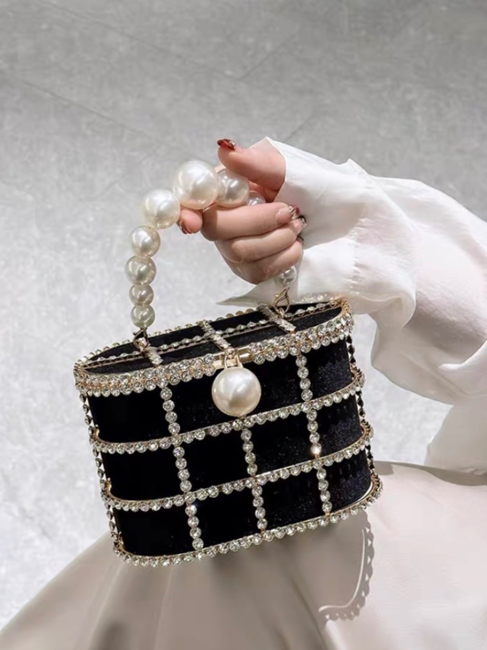 Elegant Evening Handbag Black with Pearl Rhinestone Crystal Clutch